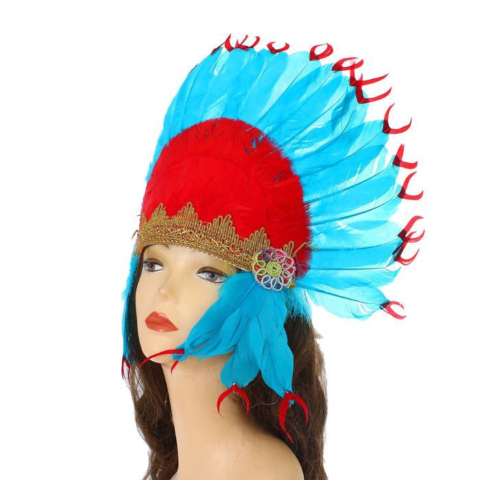 Карнавальный головной убор «Индеец» красно-синее перо