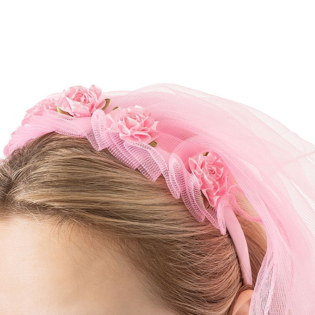 Ободок цветы с фатой, розовый, 60см