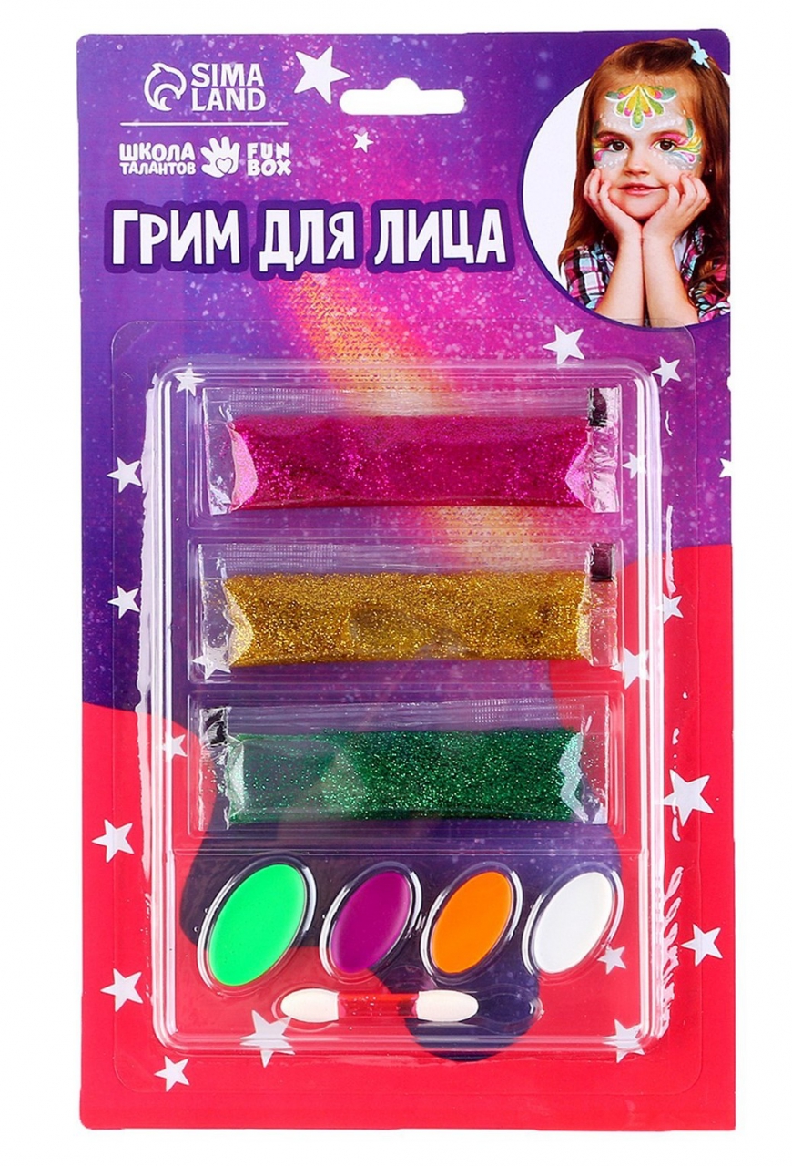Грим для лица и тела 4 цвета, 3 геля с блестками, аппликатор 9471463