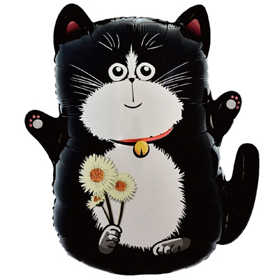 Фигурас гелием «Кот черный с букетом ромашек» 25″/64см