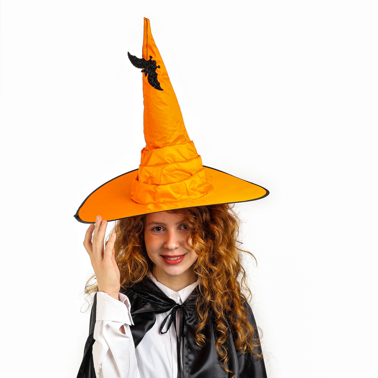 Карнавальная шляпа блестящая оранжевая с летучей мышью р-р 56-58