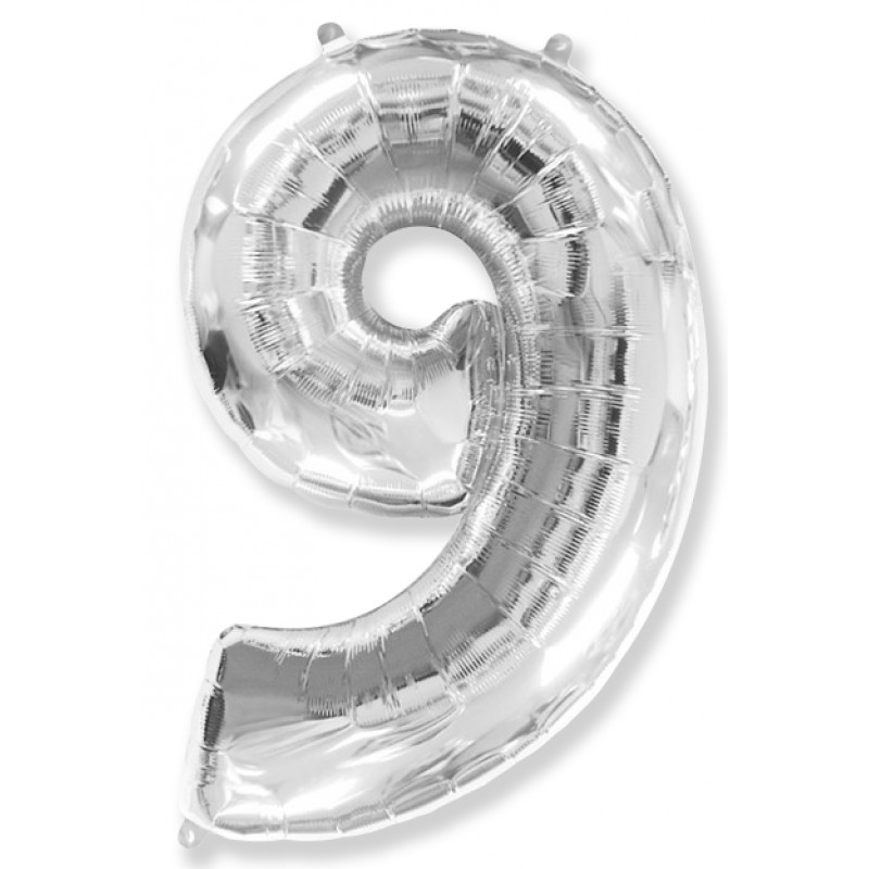 Фольгированная цифра с гелием «9» Серебро. FlexMetal (Испания) 41″/102см