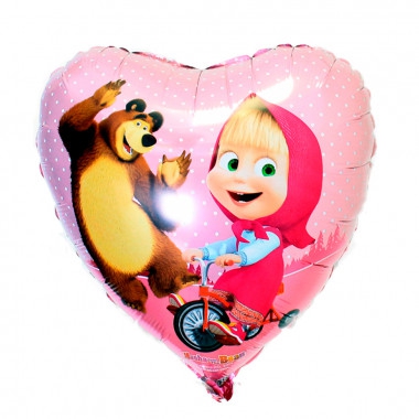 Сердце с гелием «Маша и медведь» 18″/45см